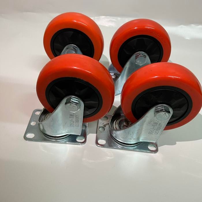 Roda Troli Pu RHJ TW Caster Germany 4 inch 2 Putar, 2 Mati