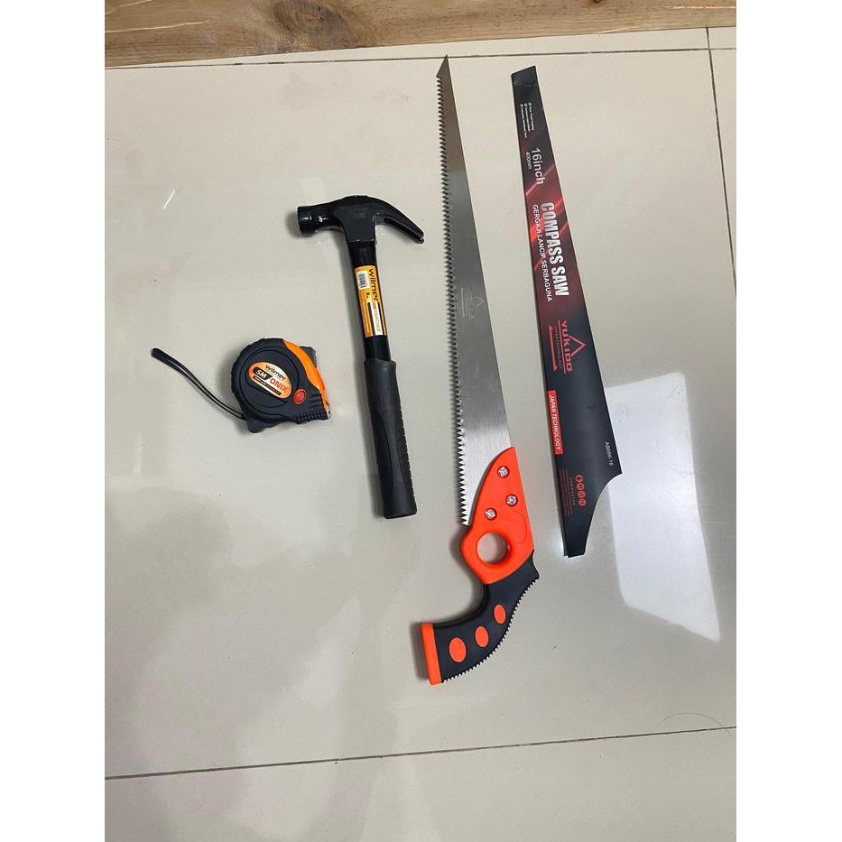 Paket 3 Item Gergaji Tukang Kayu: Gergaji Lancip 12Inc Meteran 3Meter Dan Palu Gg Besi 8Oz