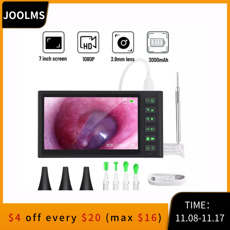 Otoskop Digital 7 Inci IPS Kamera Endoskopi Mulut THT Visual 3.9Mm Lingkup Alat Pembersih Telinga 10