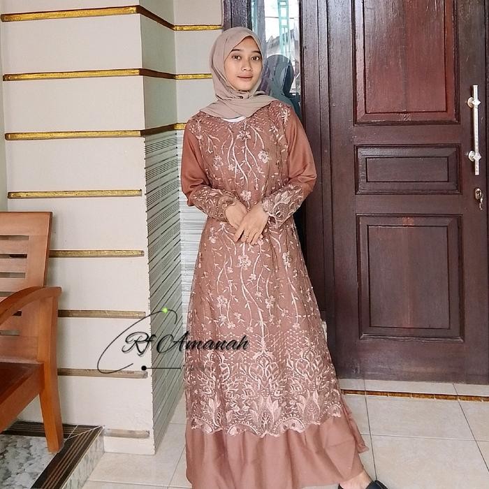 Gamis Brokat Bunga Tebal Tile Mutiara Elegan Kain Mewah Pesta Gaun Wanita Muslim Promo