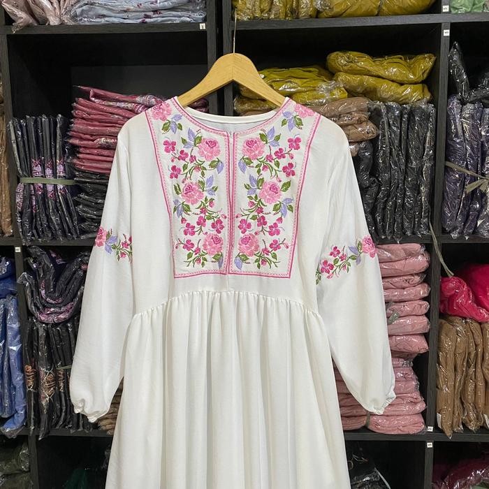 GAMIS BORDIR TASIK PREMIUM / LONG DRESS WANITA KEKINIAN MAWAR Karet Muslim best seller