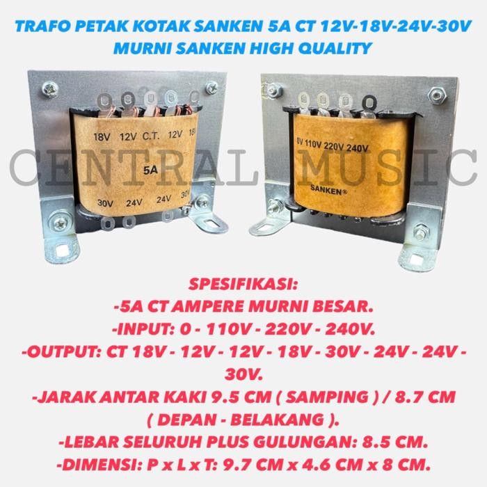 Trafo Petak Kotak Sanken 5A Ct 12V-18V-24V-30V Murni Sanken