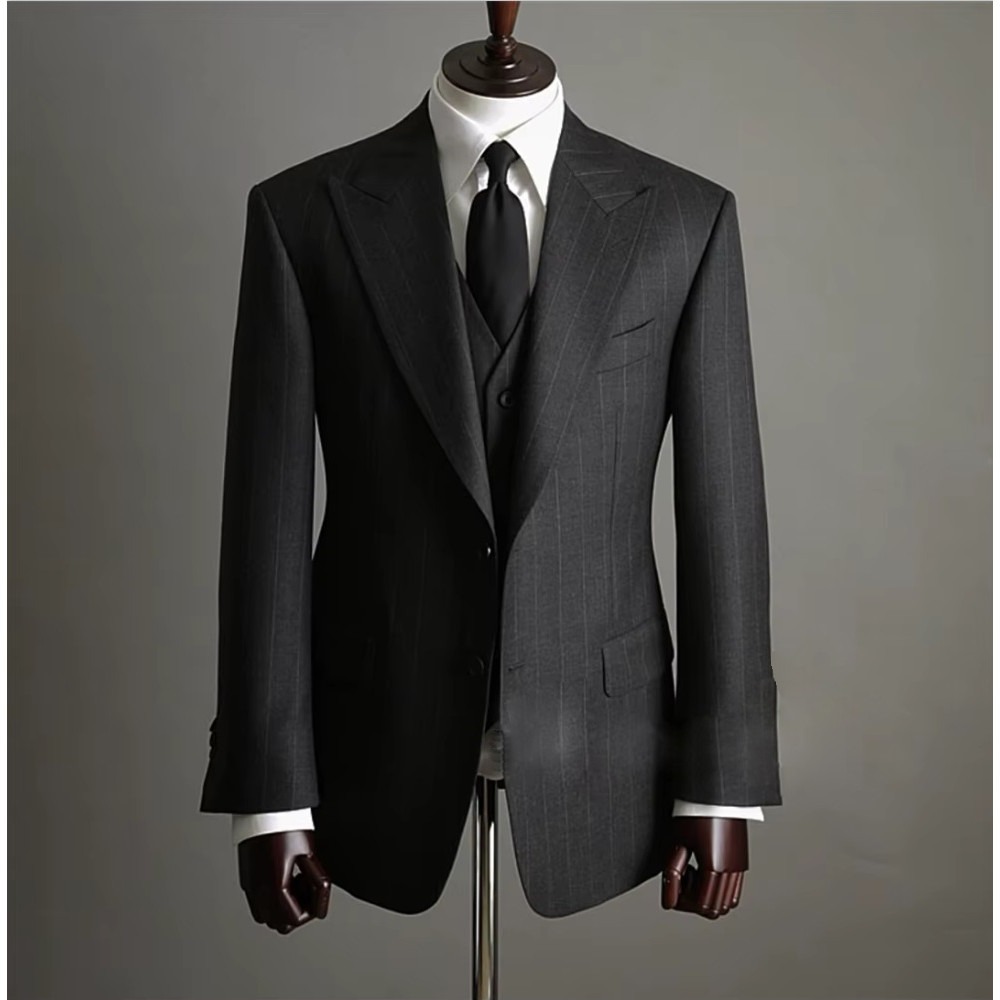 Classic Men'S Suit Dark Grey Stripe Formal Business Office For Wedding Groom 3Pcs Blazer Vest Pants