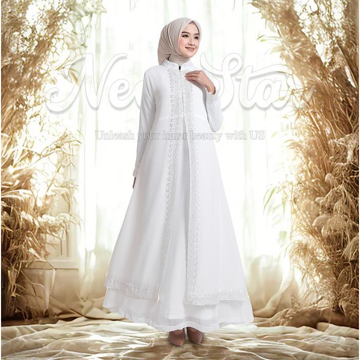 Newstar - Baju Gamis Putih Lebaran 2025 Wanita Kekinian Dress Abaya Warna Putih Mewah B39