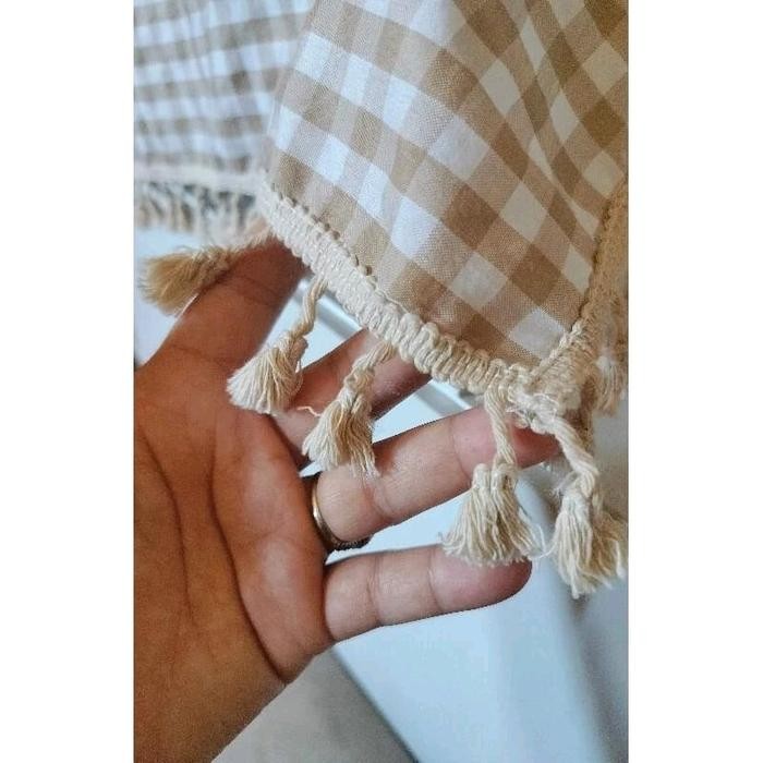 taplak meja makan bundar renda rumbai katun motif kotak 1cm *