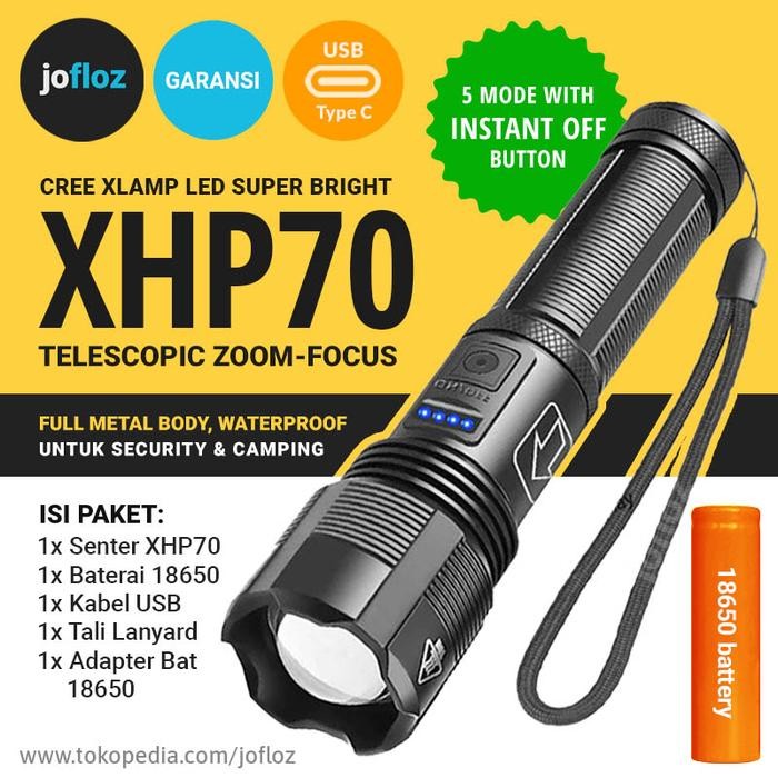 Senter Led Xhp70 Zoom +Baterai 18650 Usb Recharge - Xhp 70 P7