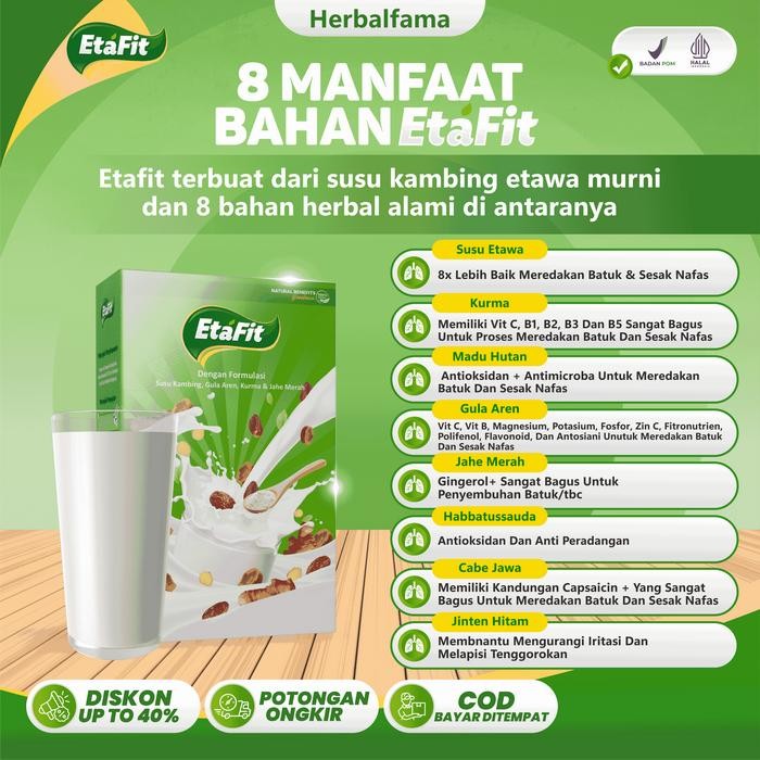 

Etafit - 3 Box - Solusi Masalah Batuk Menahun, Kering, Berdahak - Susu Kambing Etawa Bubuk Asli 100%