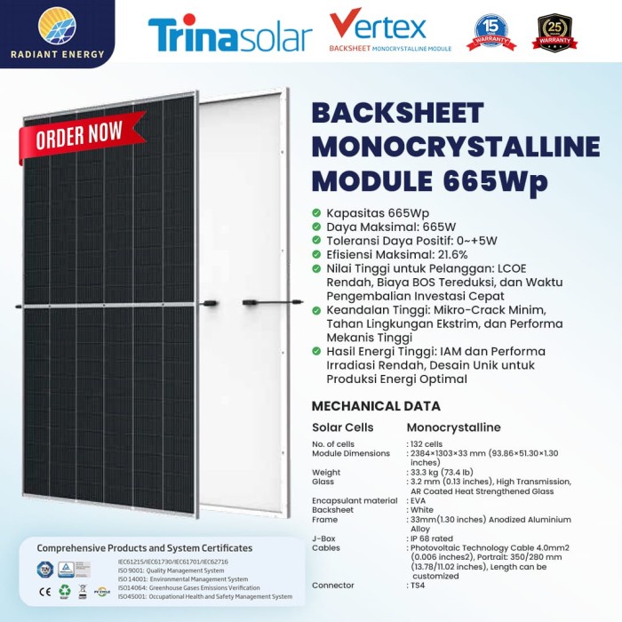 TERLARIS Trina Solar Vertex Monocrystalline 665 Wp Solar Panel