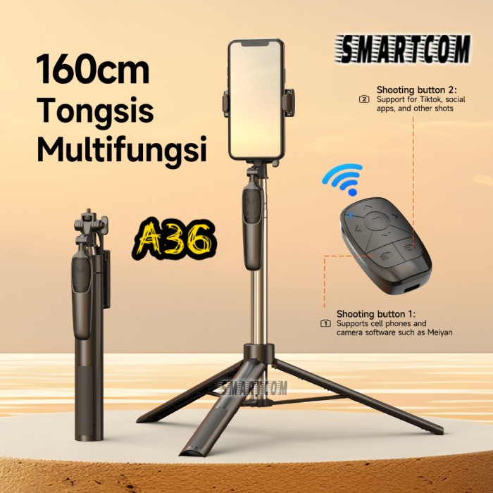 SMARTCOM A36 160CM Tongsis Bluetooth Selfie Stick Tripod with Remote