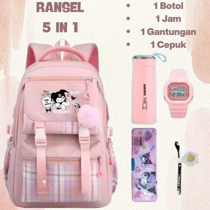 

BOOM SALE Tas Ransel Sekolah Anak Perempuan SD-SMP Motif Kuromi Korean 5in1 Edisi Tempat Pensil