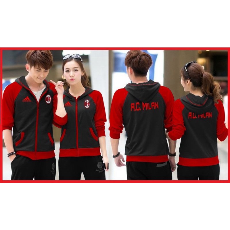 Wilson233 Couple Jaket Bola MILAN Olahraga Sepakbola Pasangan Unisex Merah Hitam Football Jacket