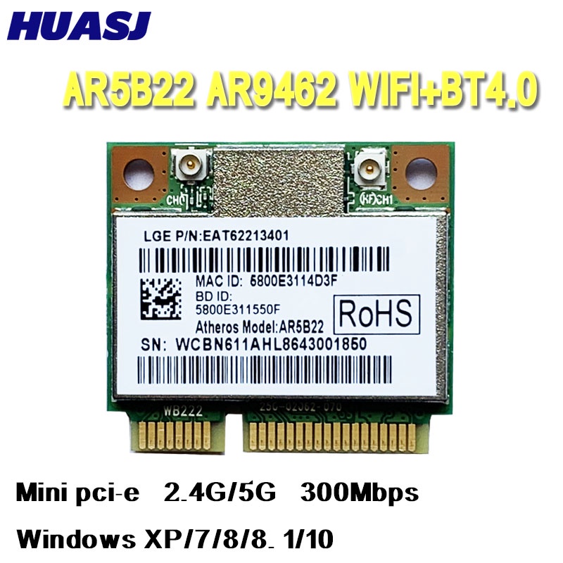 MCC Huasj Doble banda 2,4G/5G Atheros AR5B22 AR9462 300Mbps media Mini PCIE WiFi + BT 4,0 Bluetooth-