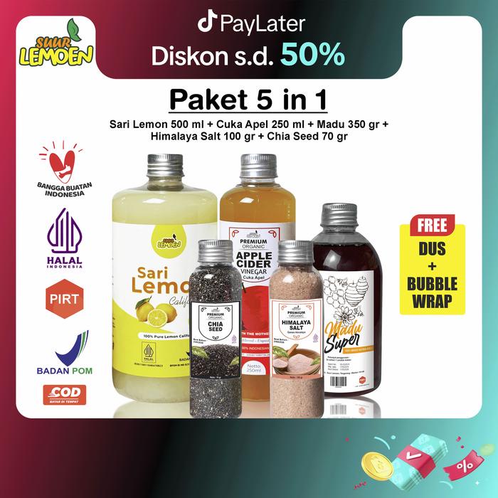 

SUUR LEMOEN Paket 5 in 1 Cuka Apel Sari Lemon Madu Hutan Chia Seeds Garam Himalaya
