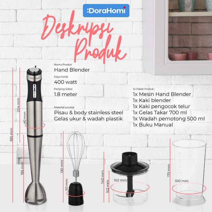 Hand Blender Mixer Set Elektrik Stainless Steel Motor Kuat Low Watt