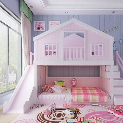 Ranjang Tempat Tidur Tingkat Rumah Perosotan - Dipan Susun Anak Pink