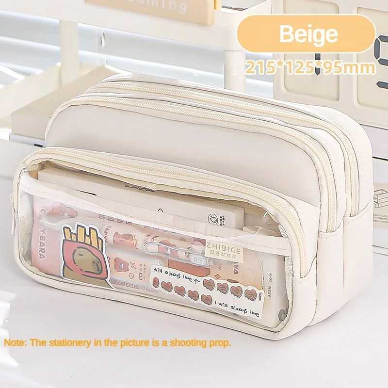 

ZHIBIGE Tempat Pensil Multi Layer Pencil Case Compact Pouch Stationary beige