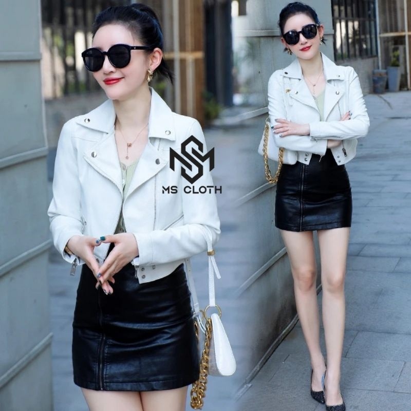 TERBARU Jaket crop putih/ jaket semi kulit wanita /jaket kulit sintetis