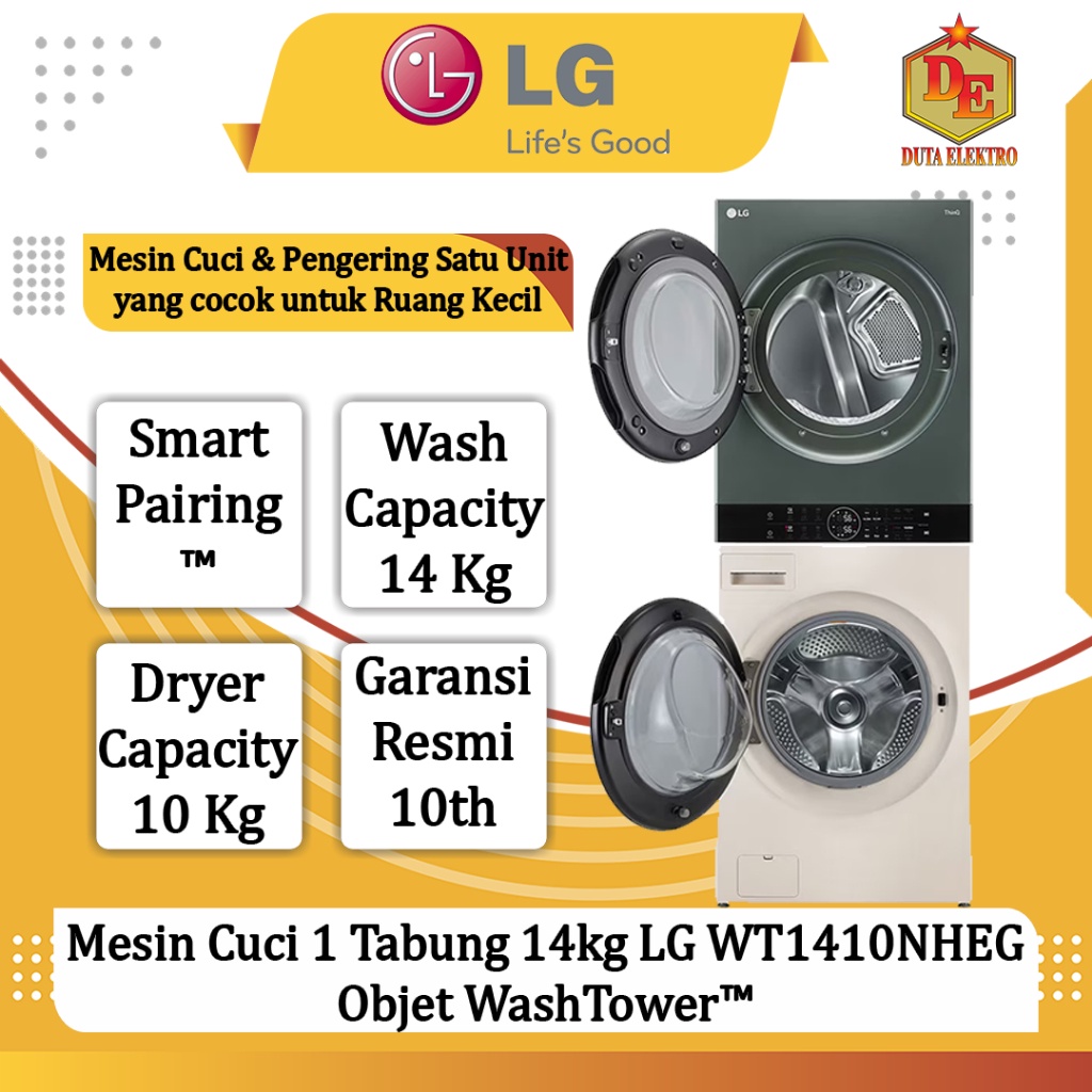 Mesin Cuci 1 Tabung 14kg LG WT 1410 NHEG Objet WashTower