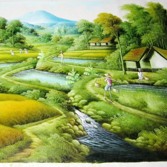Lukisan Pemandangan dan Terasering Sawah Dengan Sungai dan Pegunungan