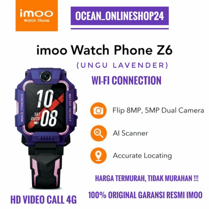 JUAL RUGI imoo Watch Phone Z6 - HD Video Call - Ungu Lavender - Garansi Resmi