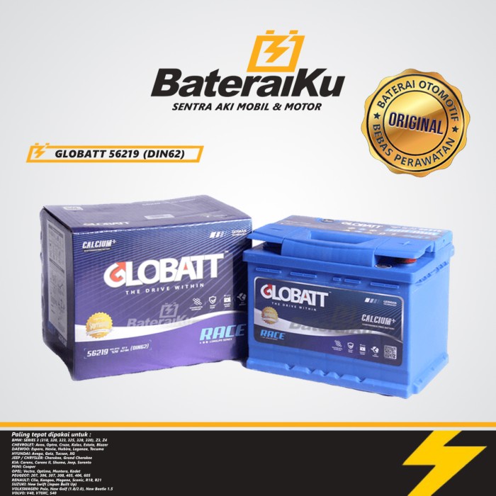 Ready Aki Mobil Globatt 56219 DIN62 MF Untuk Spint, Fiesta,Jeep, Mini Cooper
