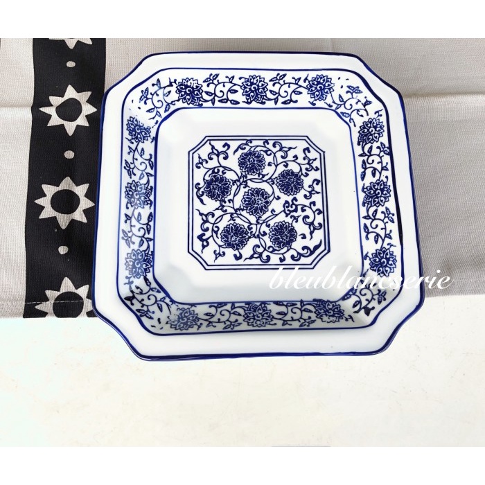 TERBARU Piring Saji Keramik Biru Putih Square