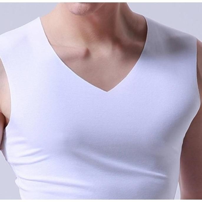 HOT SALE rey - Kaos Dalam Pria Singlet Polos Warna V Neck Ice Silk Spandex T-Shirt Tipis Tali Besar