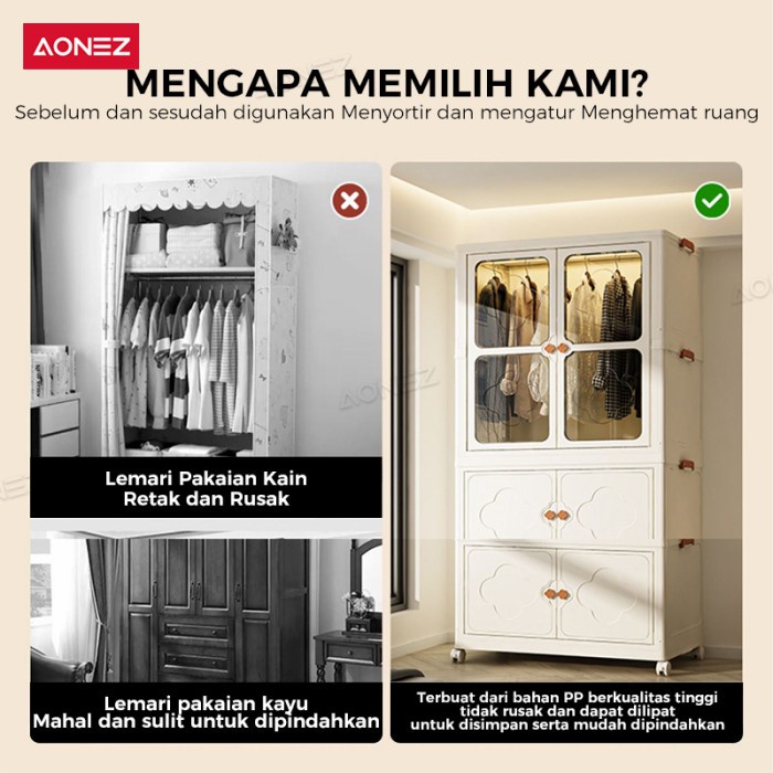 AONEZ LEMARI PAKAIAN PLASTIK SUSUN PUTIH MINIMALIS LEMARI BAJU 3 LEMARI LIPAT + 1 LEMARI PAKAIAN