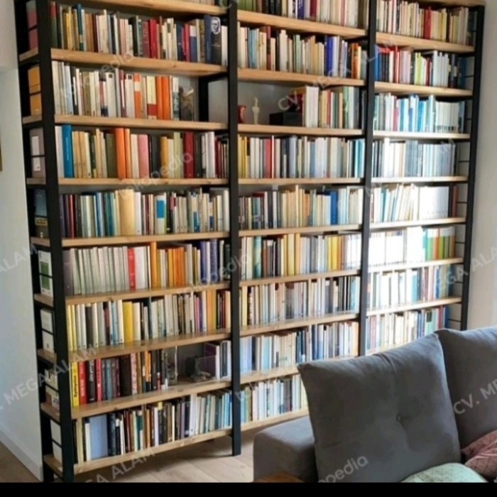 PREMIUM Rak buku perpustakaan rangka besi hollow kayu mahoni