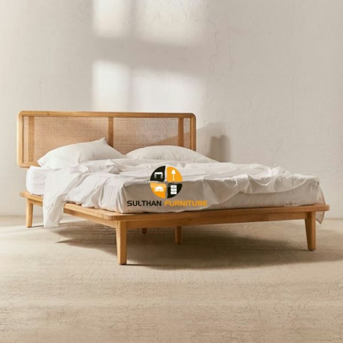 PREMIUM Tempat Tidur Rotan Minimalis - Dipan Retro Kayu Jati - Alas Springbed