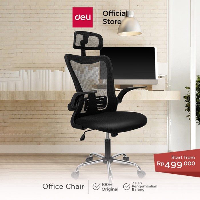 PREMIUM Deli Kursi Kantor / Kursi Kerja Jaring dengan Senderan Kepala E492X