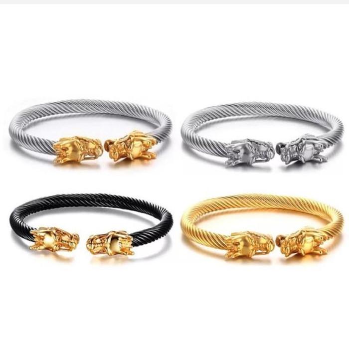 Gelang Titanium Pria Model Naga Warna Putih Kuning Hitam Bahan Anti Karat Elegan Bracelets Kulit