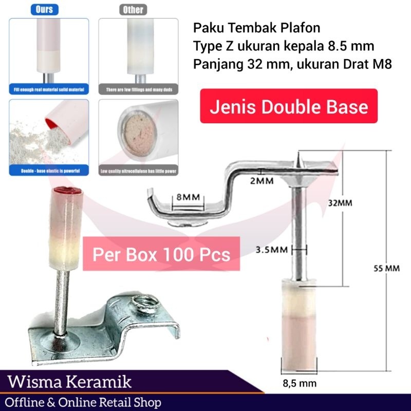 HJK paku tembak plafon, Paku tembak besi beton, angle clip L dan Z ukuran kepala M8, bukan boset