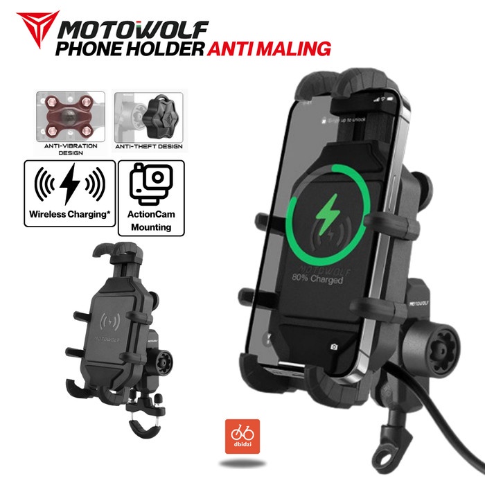 Motowolf Holder Handphone HP Motor USB Wireless Charger Stabilizer 360