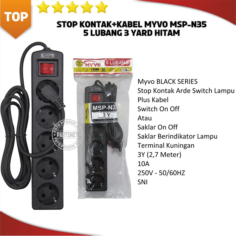 STOP KONTAK + SAKLAR + KABEL MYVO BLACK SERIES - MSP-N35 3Y