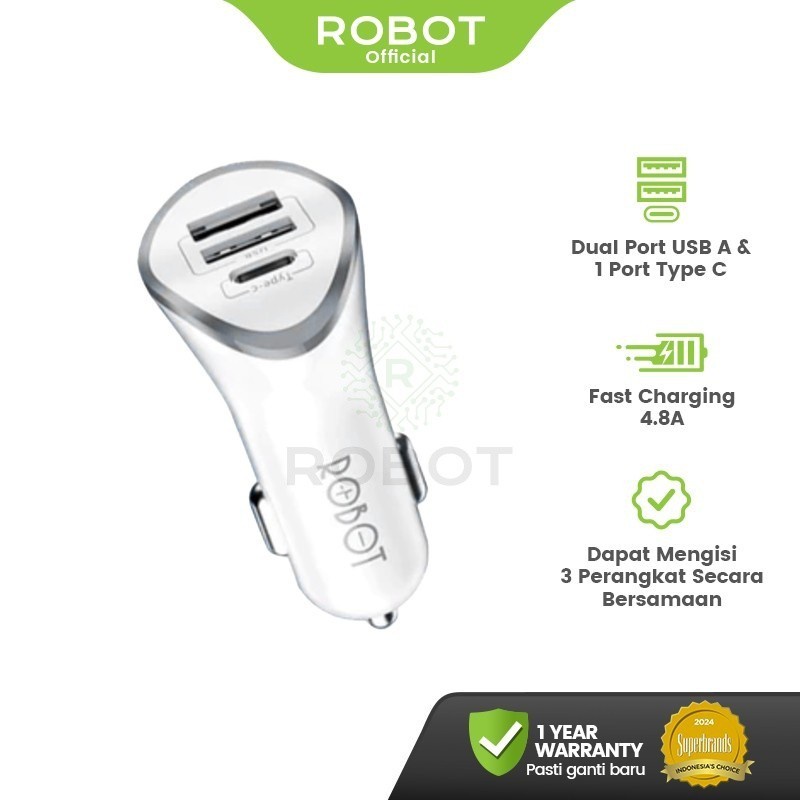 ROBOT Car Charger 3 Port Fast Charging Mobil Type C Micro Adapter Charger Mobil Car Charger Colokan 
