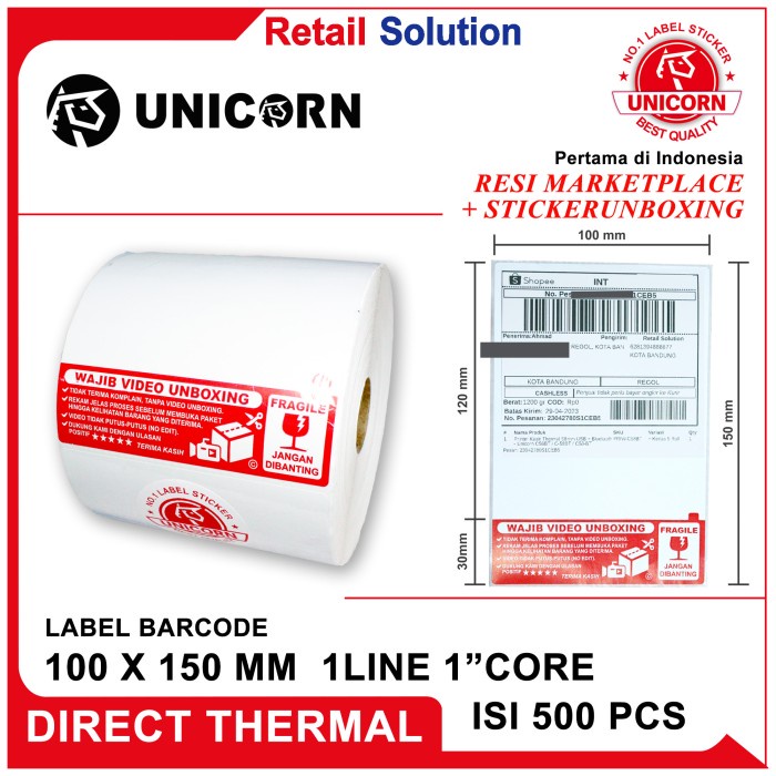 Stiker Label Thermal AWB Resi Alamat Unboxing Fragile A6 100x150 @500