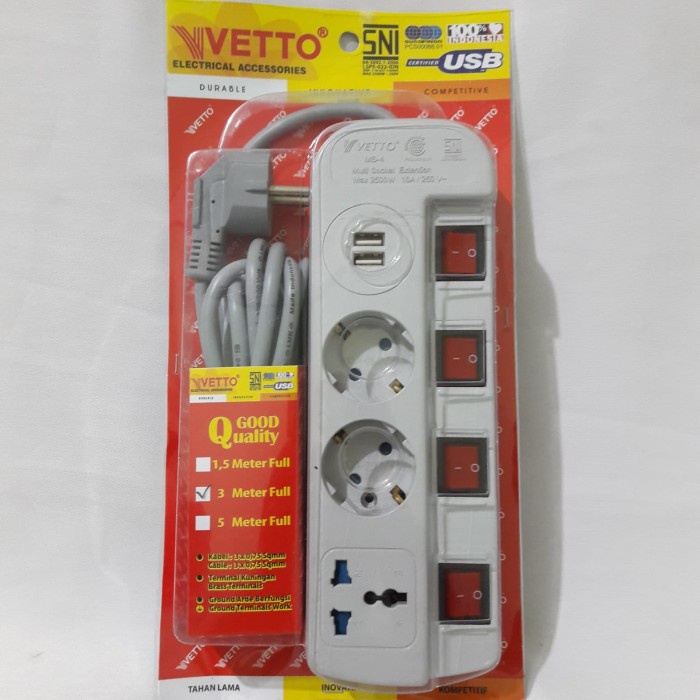 HARGA DISC - Stop Kontak 2 Lubang+2 USB+4 Saklar+1 Colokan kaki 3+Kabel 3m VETTO