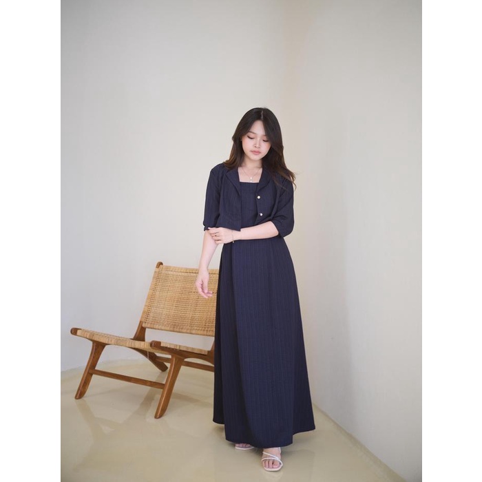 Top Nara Long Dress One Set Blazer / Casual Dress Wanita Pinggang Karet / Gamis Dress Blazer
