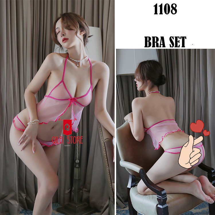 Lingerie Sexy Set Bra Cd Open V Transparan Pink 1108
