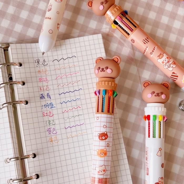 

JTTOP" PULPEN 10 WARNA BOLPOIN BEAR CUTE KOREAN STYLE PEN TINTA WARNA WARNI