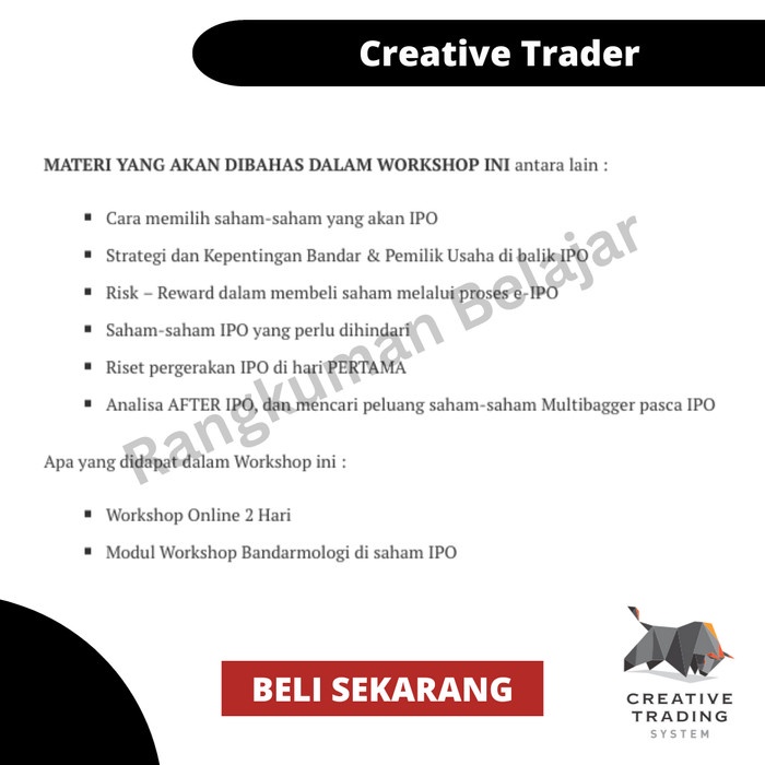 

SALE !!! KURSUS BANDARMOLOGY CREATIVE TRADER - SAHAM IPO BY ARGHA J KARO READYY