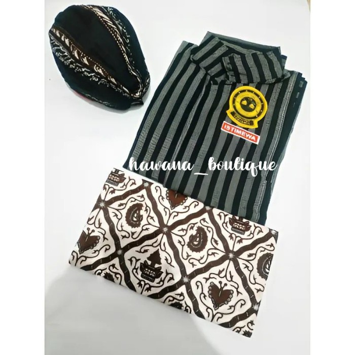 TERPERCAYA Paket Surjan Lurik Abu Hitam + Blangkon Lipat + Jarik Batik Motif Sidomukti Setelan Adat