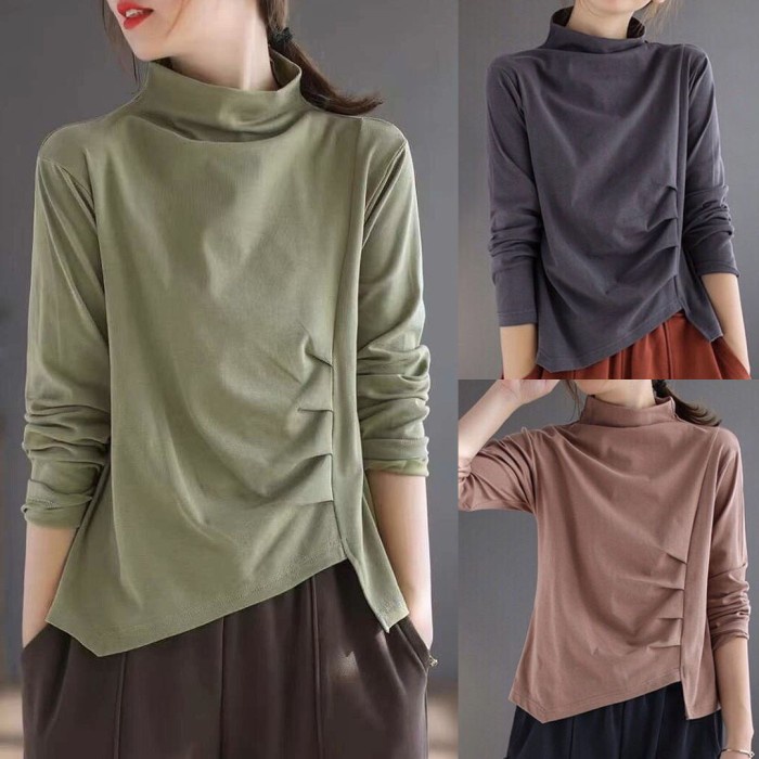 Blus Kaos Kerah Tinggi Turtle Highneck Hijau Sage Abu Coklat Krem Kerut Samping Hem Asimetris Korea