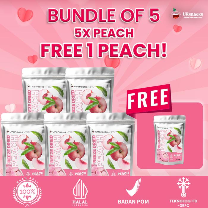 

[FREE PEACH] URSNACKS Bundle Of 5 Dapat 6 - Freeze Dried Peach Snack Keripik Buah Asli HALAL BPOM