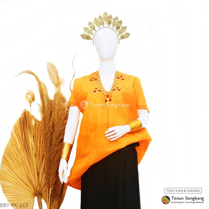 HEMAT Baju Bodo Berpayet Adat Bugis Makassar Dewasa Tokko Asli Lengan Pendek Jingga BBY-PK-113