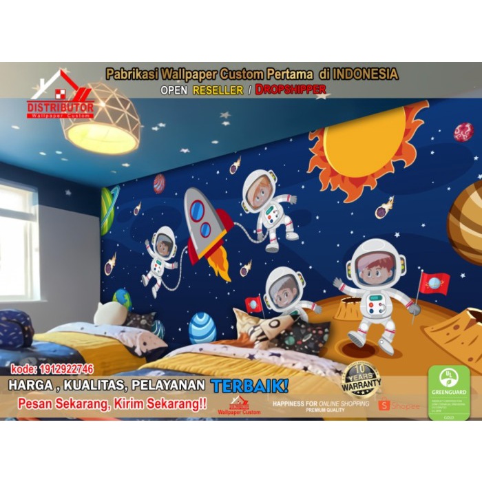 wallpaper custom dinding 3d gambar astronot kartun kamar anak kids