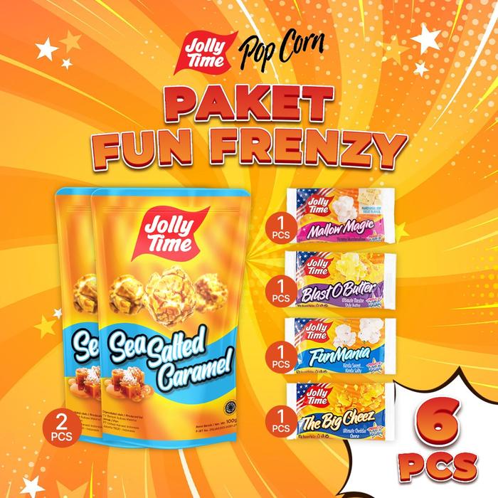 

SALE !!! JOLLY TIME POPCORN - PAKET FUN FRENZY (2 PCS SEA SALTED CARAMEL, 1TBC, 1BOB, 1FM, 1MM)