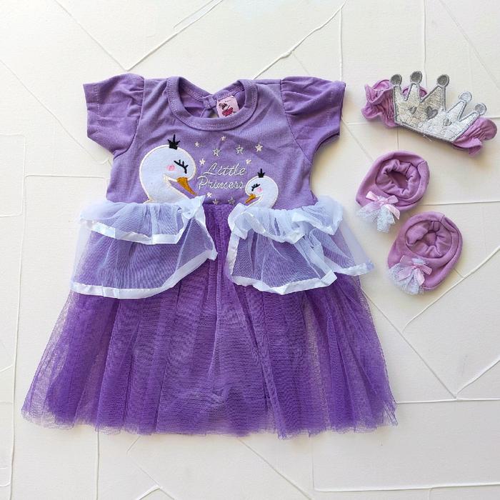 Baju Anak Bayi Perempuan Setelan Jumper Cantik Swan Dress Set Sepatu Bando Baby Girl