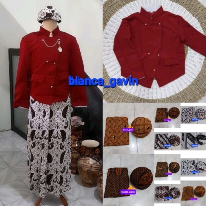 TERBATAS Set Lengkap Beskap Solo + Jarik Instan + Blangkon/ Baju Adat Jawa Pria, Nuansa Maroon Motif